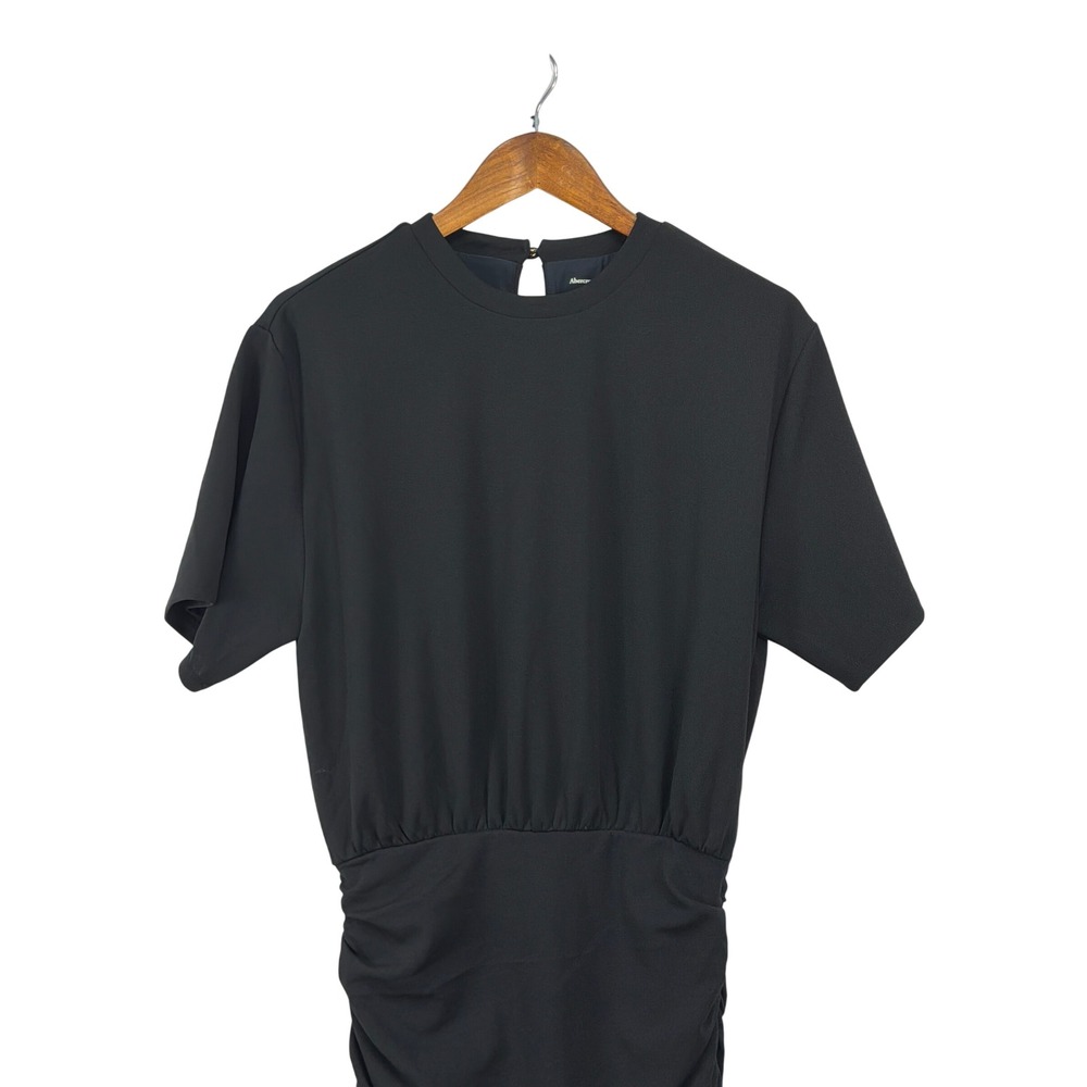 Abercrombie & Fitch Black Ruched Mini Dress Short Sleeve Keyhole Back M - Picture 7 of 16